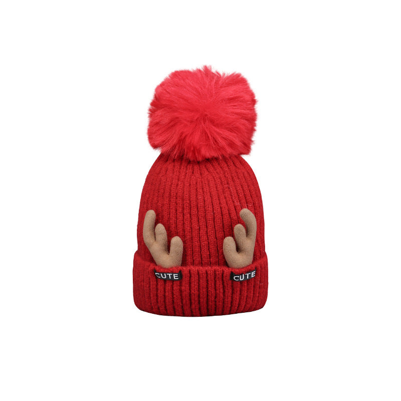 Women's Christmas Antler Knit Beanie - Beige brim profile