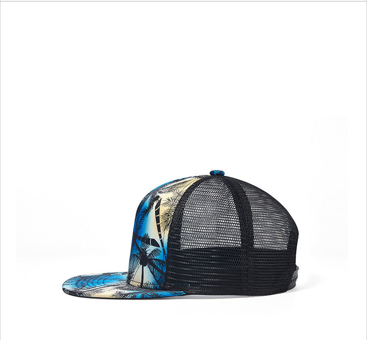 Side view of blue flat-brim tropical mesh cap