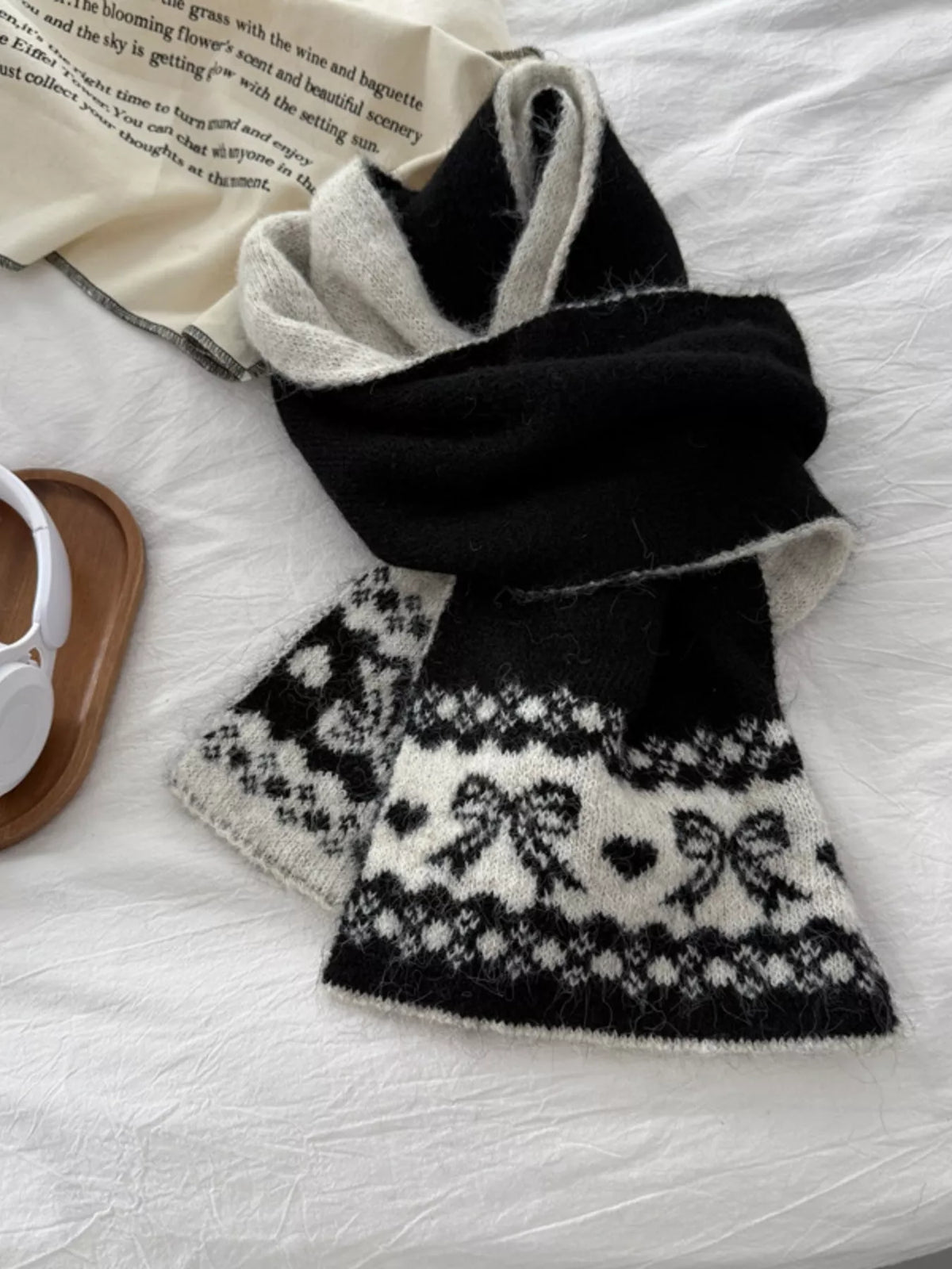 Unisex Bow Motif Wool Blend Scarf — black bow patterned scarf loosely tied