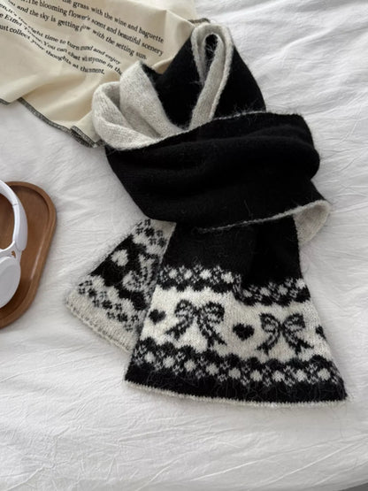 Unisex Bow Motif Wool Blend Scarf — black bow patterned scarf loosely tied