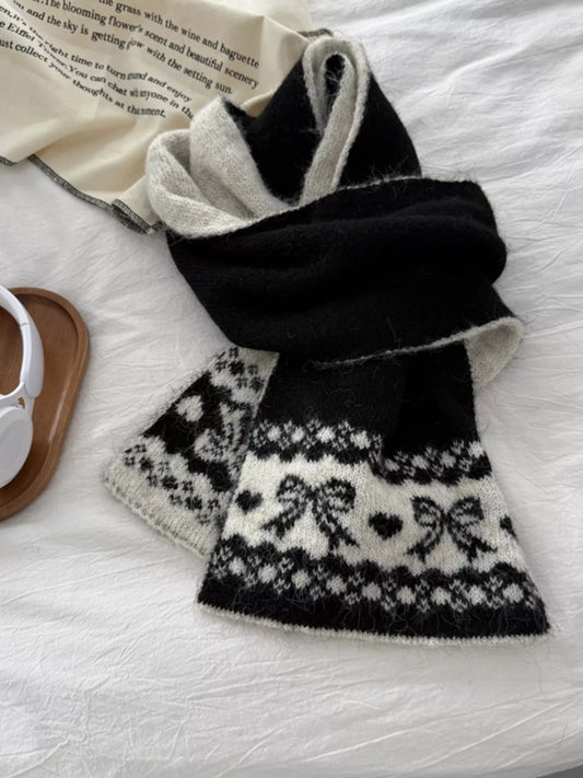Unisex Bow Motif Wool Blend Scarf — black bow patterned scarf loosely tied