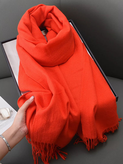 Unisex Heritage Solid Color Fringe Scarf in Black - full-length view 18
