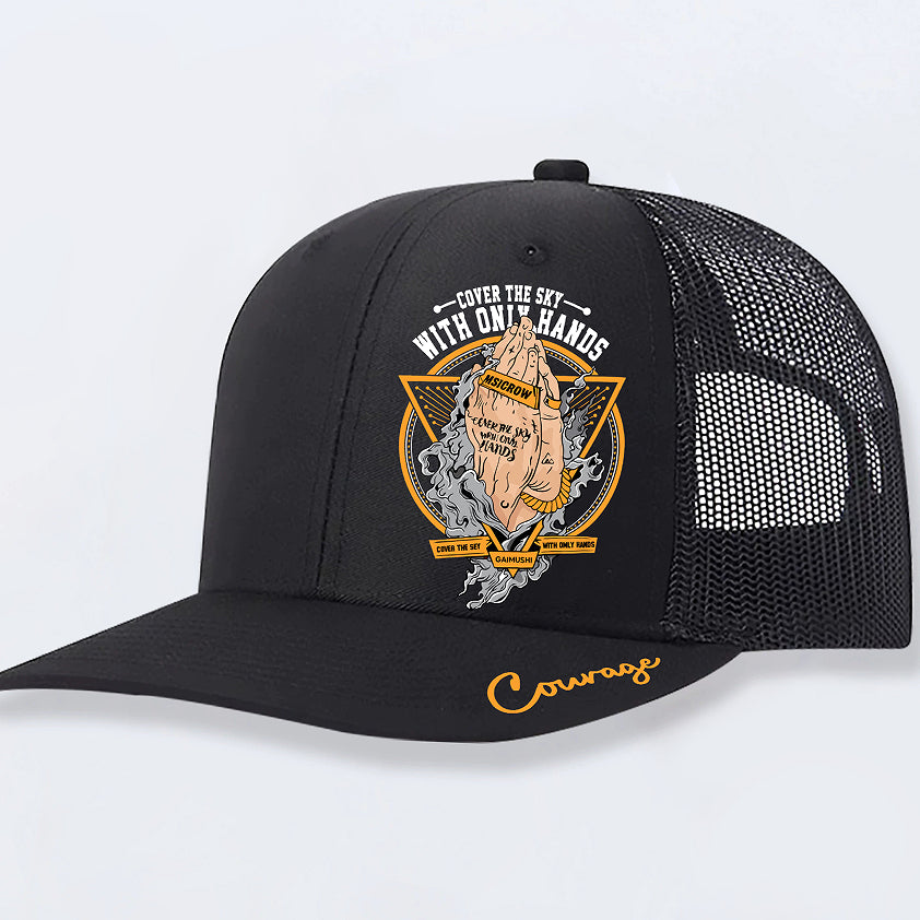 Orange graphic trucker cap curved brim detail