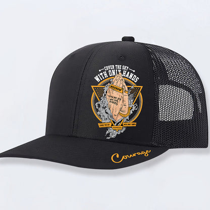 Orange graphic trucker cap curved brim detail