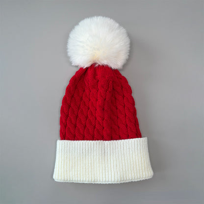Unisex Christmas Pom Pom Beanie – Red & Green Cable Knit Winter Hat - Christmas Tree crown detail