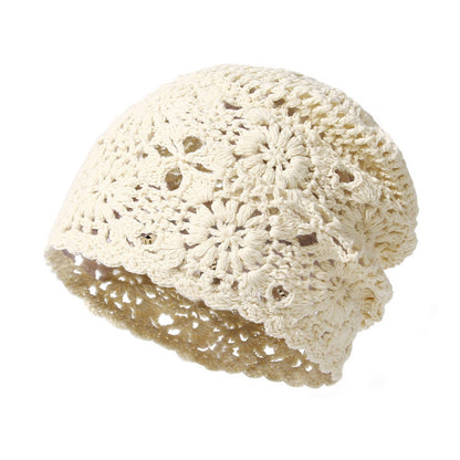 Women's Blue Crochet Floral Beanie Hat knit texture detail photo 03