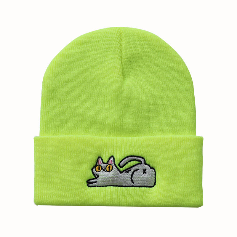 Fluorescent yellow cat embroidered winter beanie