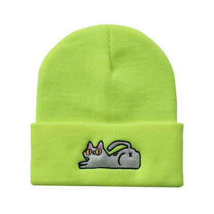 Fluorescent yellow cat embroidered winter beanie