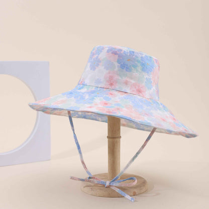Women's Blue Floral Wide Brim Beach Sun Hat front view