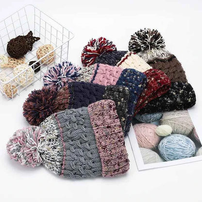 Unisex Contrast Knit Pom Pom Beanie - Gray front view