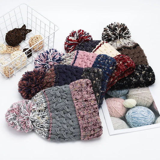 Unisex Contrast Knit Pom Pom Beanie - Gray front view