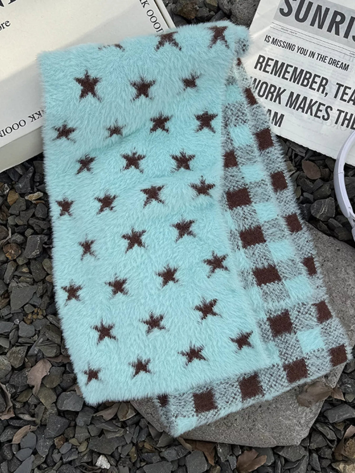 Unisex Star and Check Knit Scarf — mint star scarf laid long with checked edging