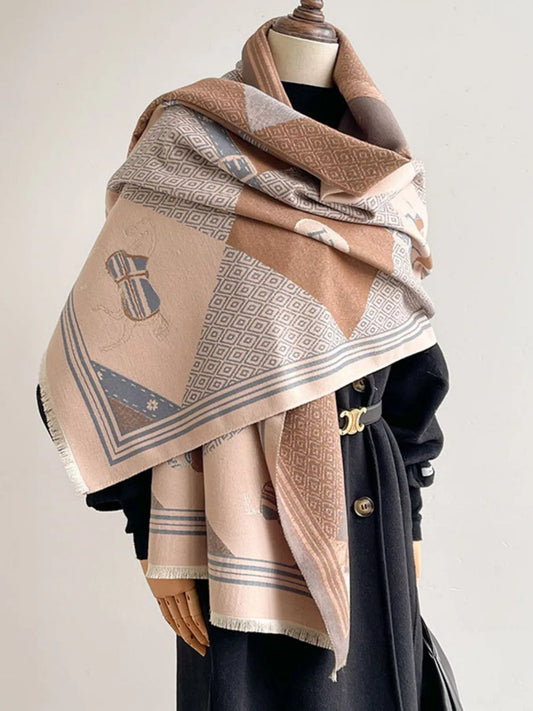 Women's Equestrian Print Reversible Scarf in Brown - styled detail 2