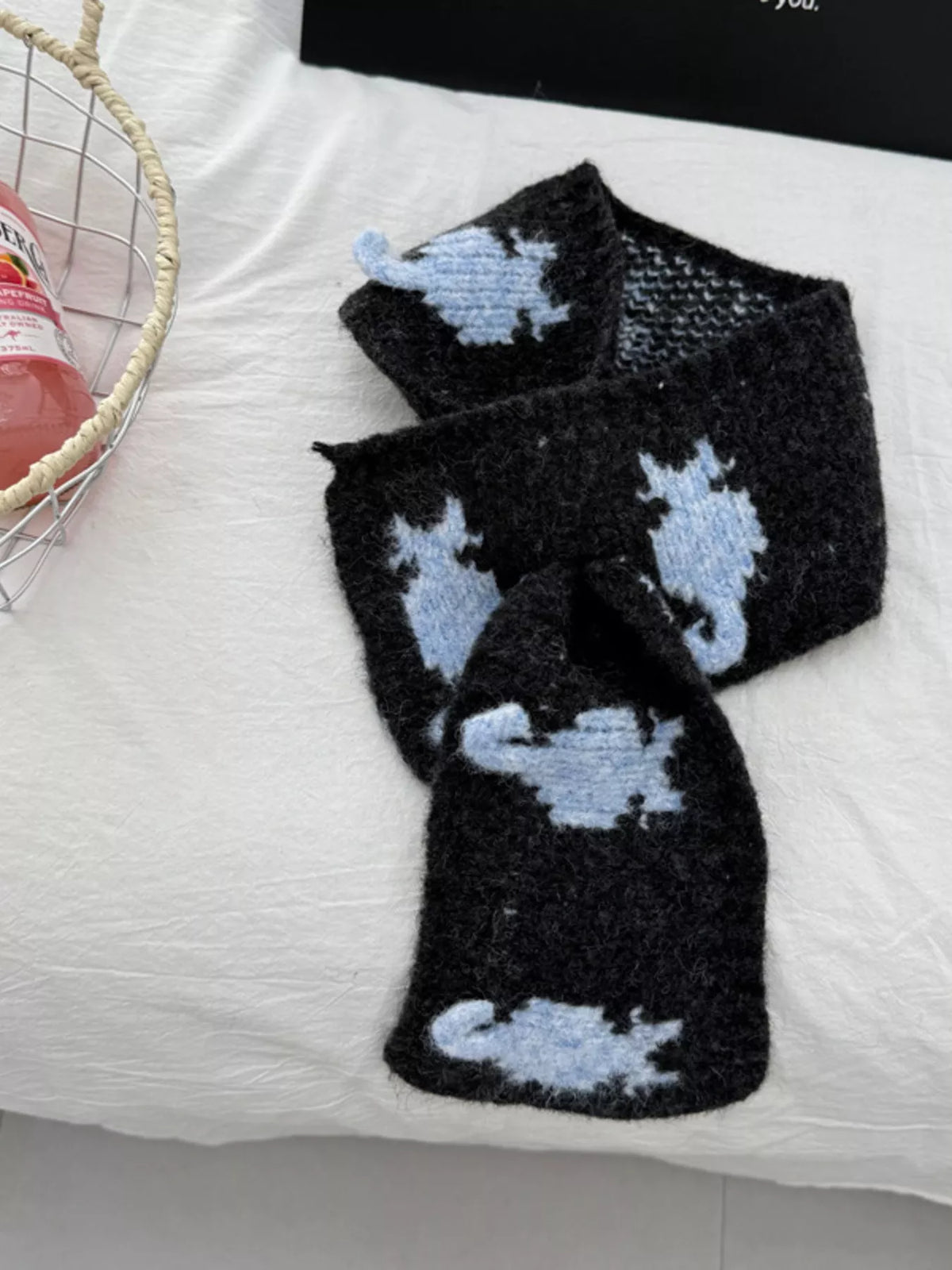 Unisex Short Cat Motif Scarf — black scarf showing pale contrasting cats