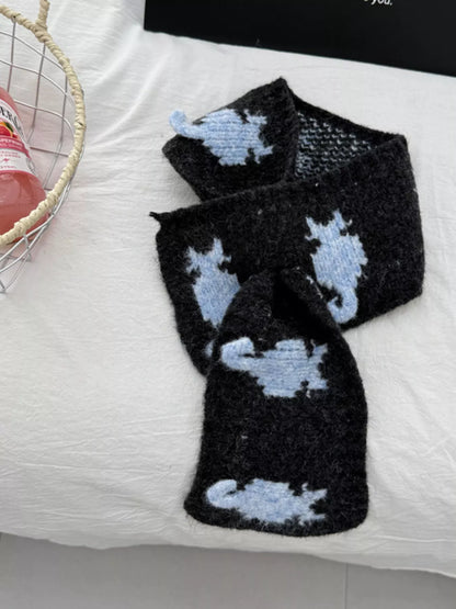 Unisex Short Cat Motif Scarf — black scarf showing pale contrasting cats