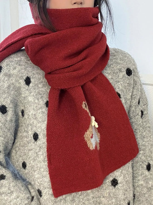 Unisex Bear Motif Knit Scarf — red bear motif scarf worn with a patterned cardigan