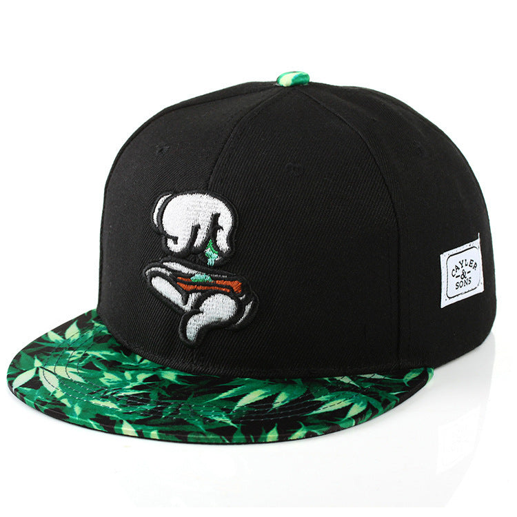 Black tropical leaf snapback with wide flat brim