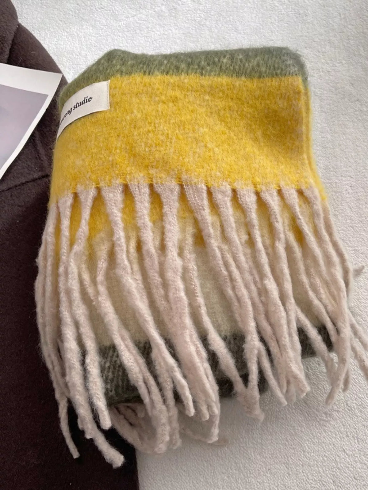 Unisex Soft Plaid Tassel Warm Scarf — folded yellow checked scarf showing long pale fringe