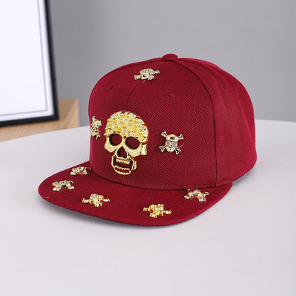Unisex Red Gold Skull Embellished Snapback Cap brim profile