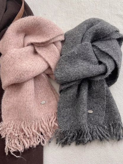 Unisex Fringe Hem Knitted Scarf — pink and gray fine fringe scarves displayed together