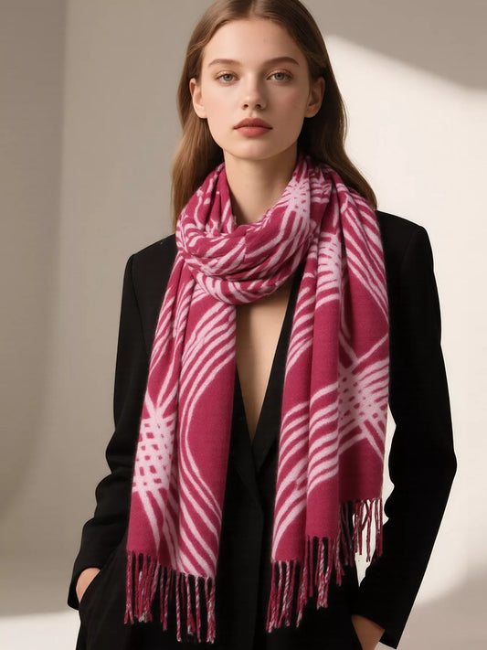 Unisex Geometric Patterned Fringe Scarf — pink geometric line scarf worn over black clothing