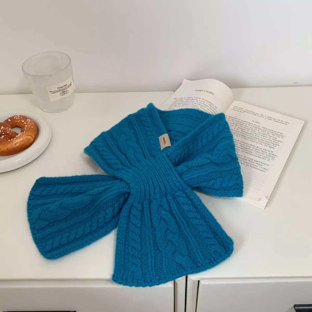 Unisex Cozy Cable Knit Scarf — blue short wool scarf showing braided knit texture