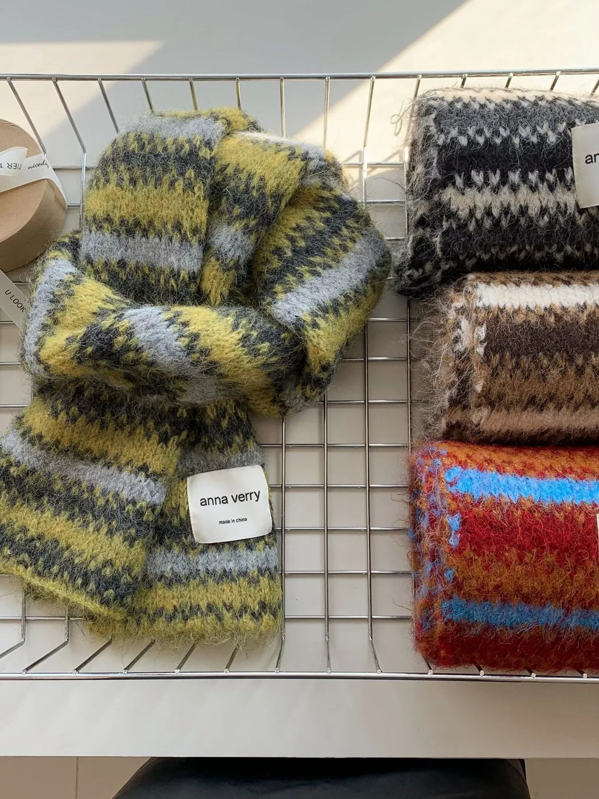 Unisex Striped Knitted Warm Scarf — several textured stripe scarves shown together