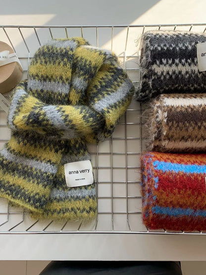 Unisex Striped Knitted Warm Scarf — several textured stripe scarves shown together