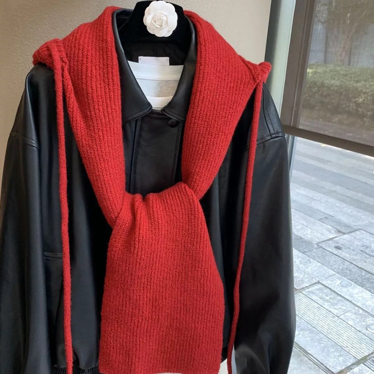 Unisex Hooded Tie Knit Scarf — open front drape of the red hood and scarf