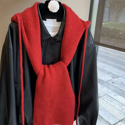 Unisex Hooded Tie Knit Scarf — open front drape of the red hood and scarf