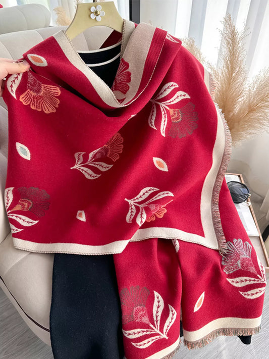 Unisex Printed Raw Hem Shawl in Red - front view 1
