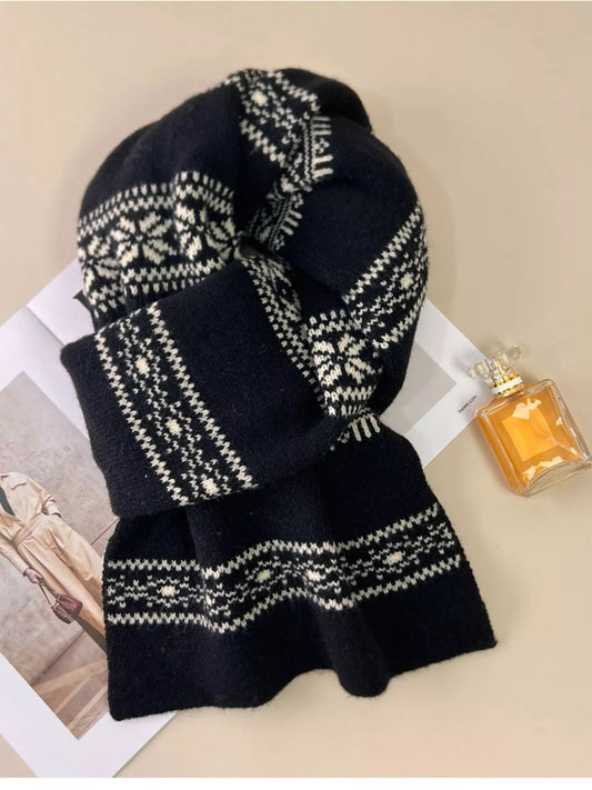 Unisex Winter Snowflake Pattern Knitted Scarf — black and cream winter motif scarf loosely tied