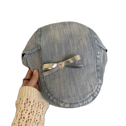 Womens vintage denim newsboy cap with bow - product photo 2