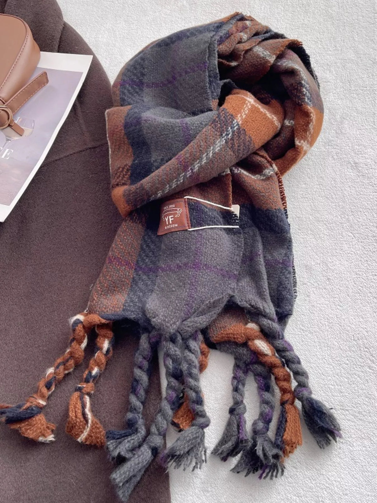 Unisex Warm Plaid Tassel Scarf — brown gray plaid scarf showing twisted fringe