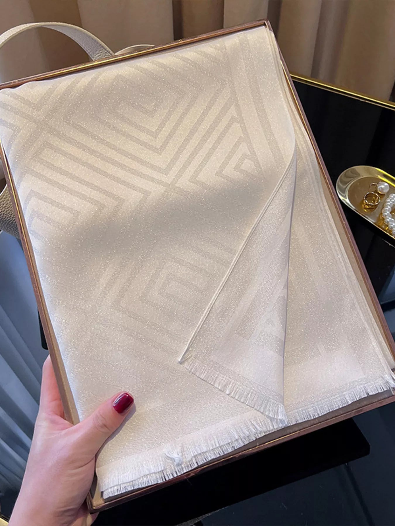 Unisex Raw Hem Lightweight Scarf in White - styled detail 20