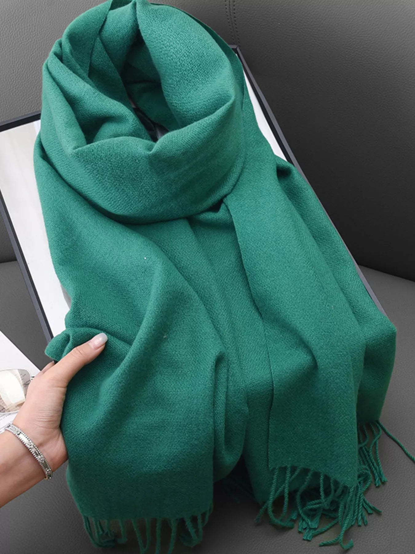 Unisex Heritage Solid Color Fringe Scarf in Dark Green - draped view 16