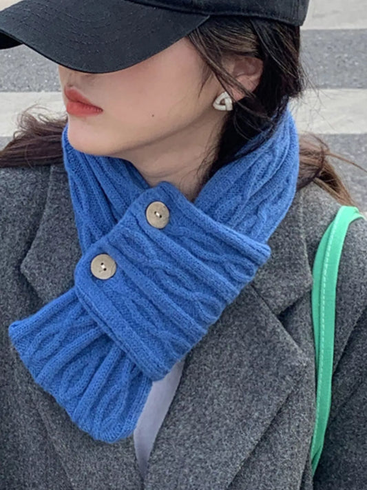 Unisex Button-Accent Knitted Winter Scarf in Klein Blue - front view 1