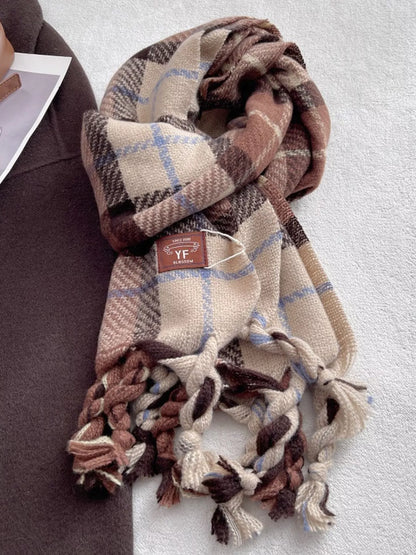 Unisex Warm Plaid Tassel Scarf — cream and brown checked scarf with tasseled ends