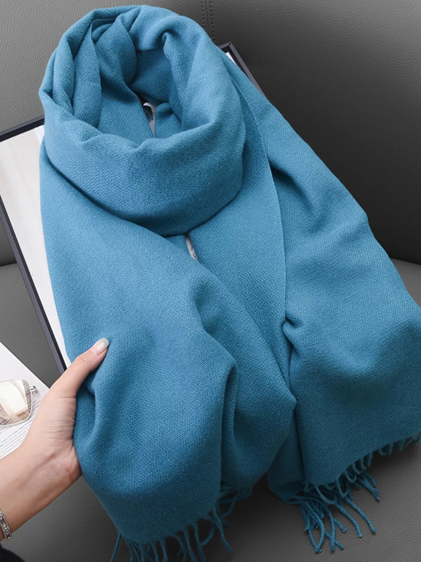 Unisex Heritage Solid Color Fringe Scarf in Blue - color detail 11