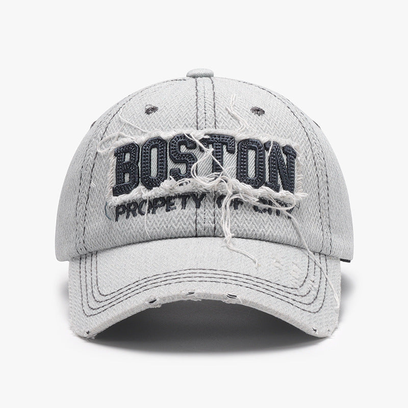 Unisex White Boston Embroidered Distressed Cotton Baseball Cap brim detail