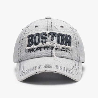 Unisex White Boston Embroidered Distressed Cotton Baseball Cap brim detail