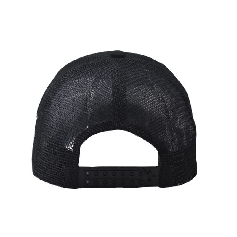 Rear view of black Boston mesh cap with snapback closure
