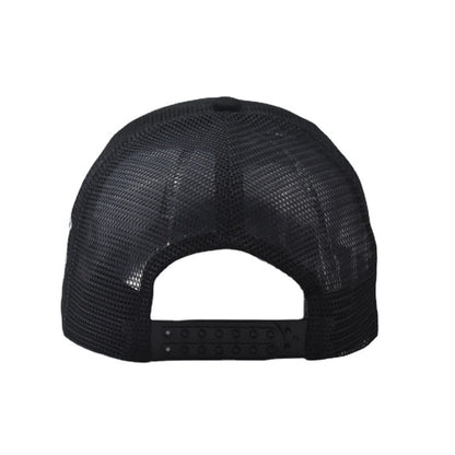 Rear view of black Boston mesh cap with snapback closure