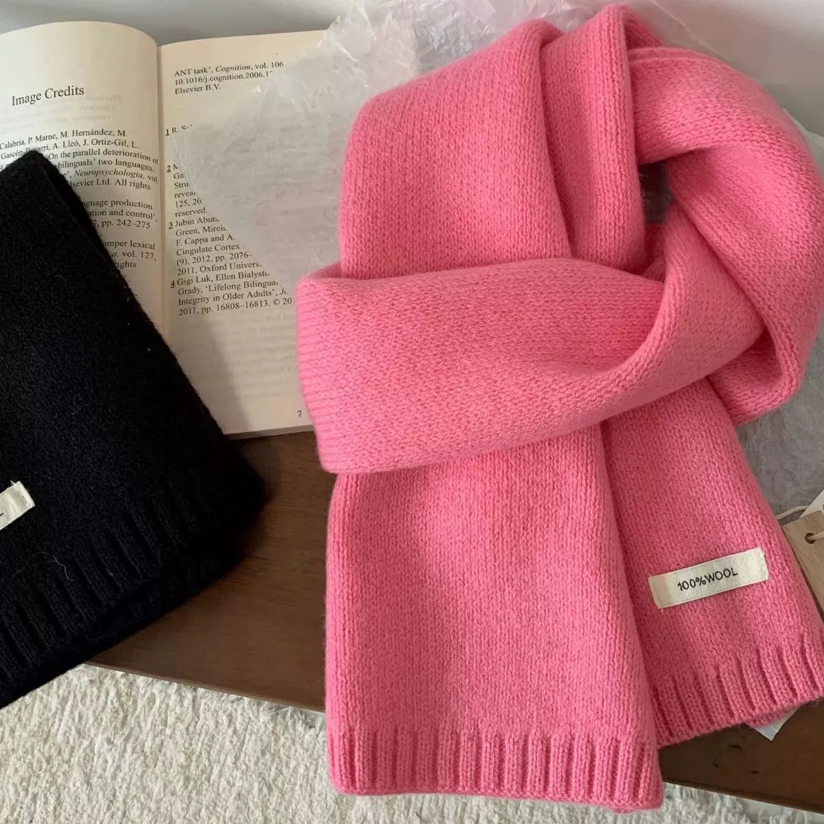 Unisex Warm Knitted Scarf — pink wool scarf tied with both ends down