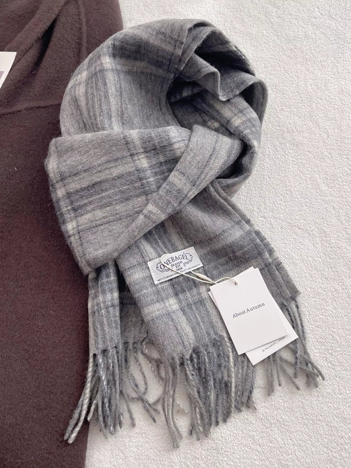 Unisex Heritage Wool Plaid Scarf — dark gray wool plaid scarf with pale lines