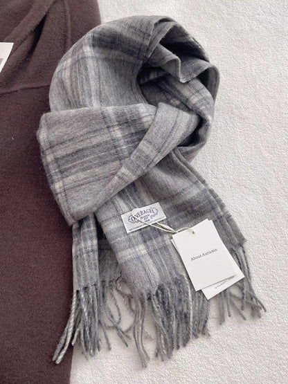 Unisex Heritage Wool Plaid Scarf — dark gray wool plaid scarf with pale lines