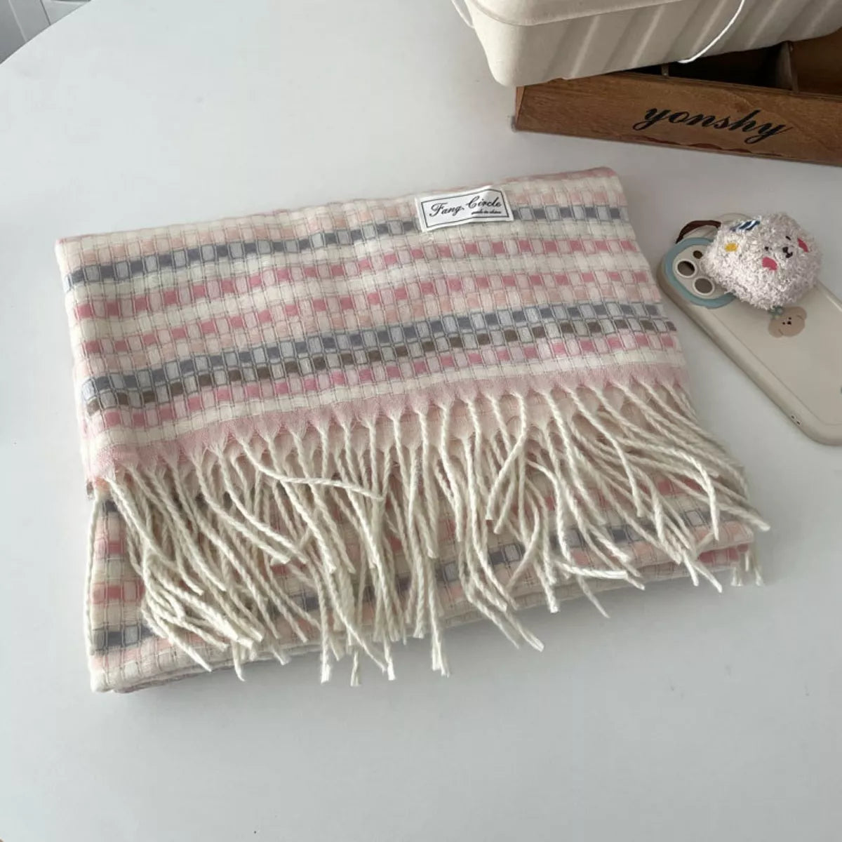 Unisex Soft Patterned Fringe Scarf — beige patterned scarf with fringed ends laid flat