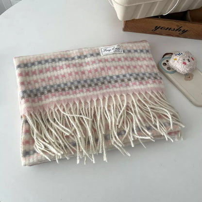 Unisex Soft Patterned Fringe Scarf — beige patterned scarf with fringed ends laid flat