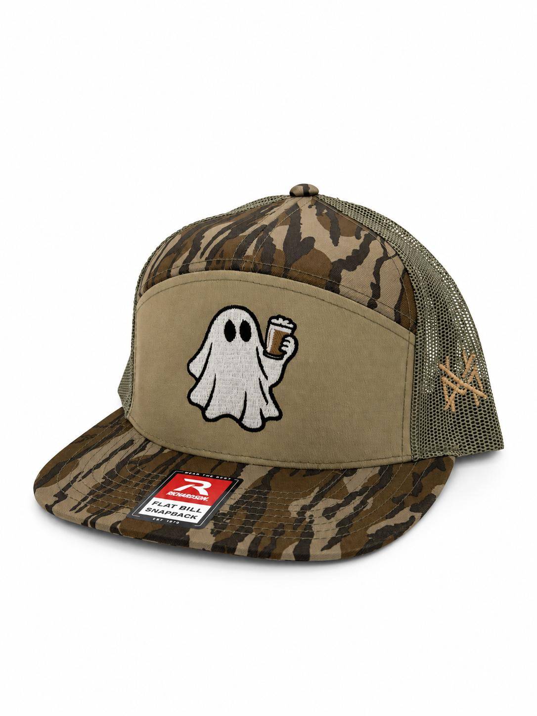 The Mad Hatter Company Boozy Trucker Hat, natural crown with a camouflage bill and ghost graphic
