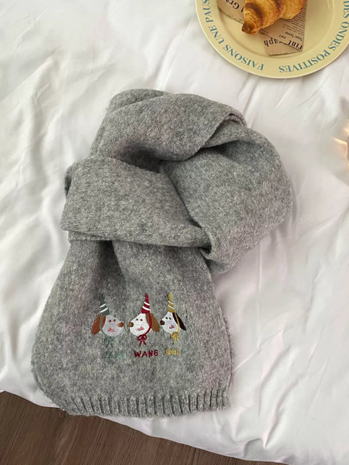 Unisex Embroidered Dog Knit Scarf — gray dog scarf arranged in a loose knot